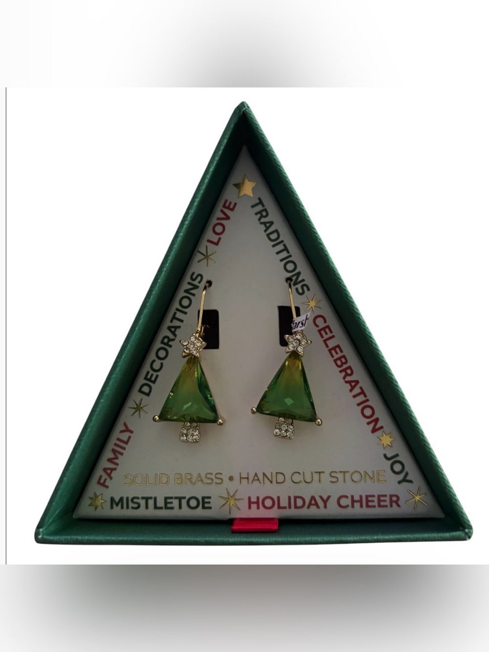 Solid Brass Green Triangle Drop Earrings with Crystal Accents